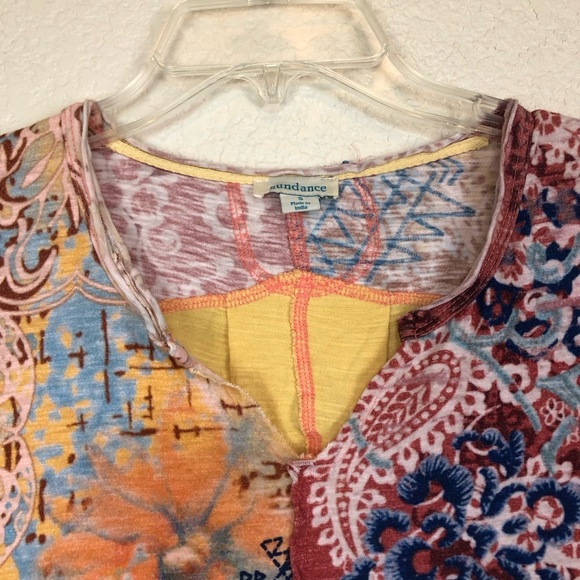 Sundance Yellow Mixed Print Rolled Sleeve Raw Edge Notch Neck Boxy Tee Small - Picture 2 of 5